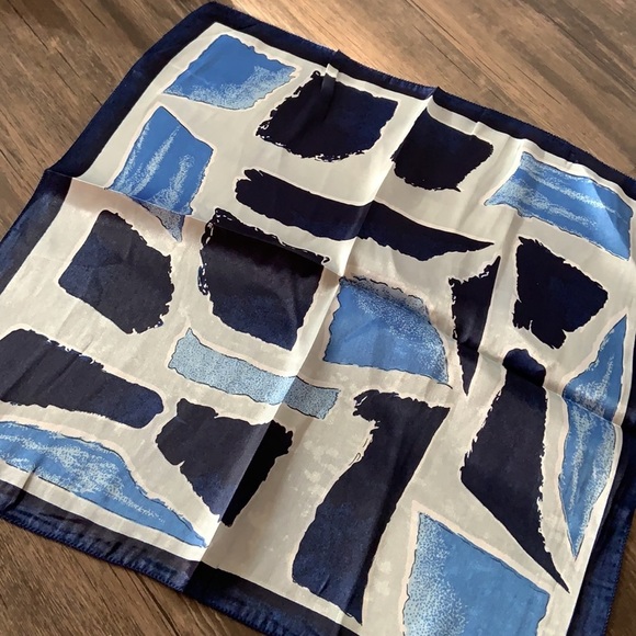 Faux Silk Blue Mosaic Print Artsy Square Neck Scarf - Picture 3 of 4